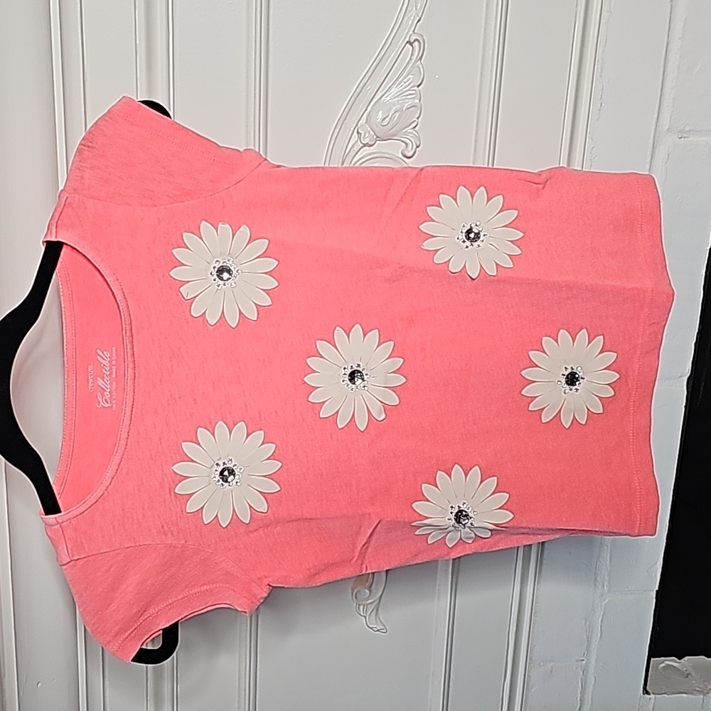 EUC CREWCUTS: Heathered Coral Collectible Flower embellished tshirt Size 10